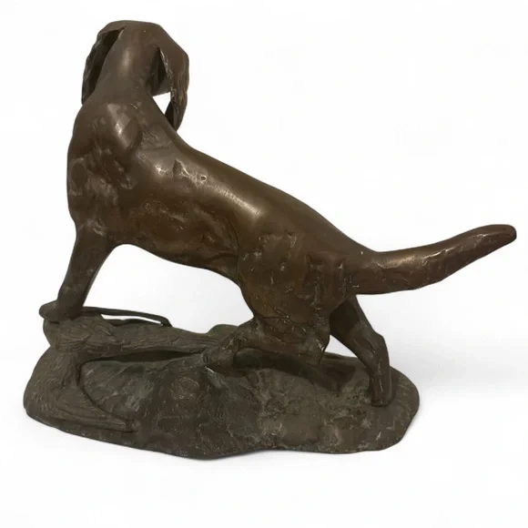 Large Vintage Bronze Sculpture Hunting Dog Retriever Pointer w/Duck 12” Patina